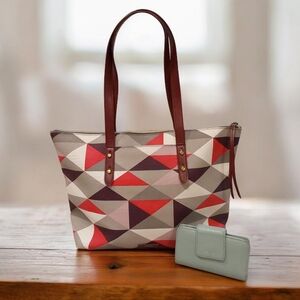 Fossil Jayda tote bag red multi geometric print And Madison multifunction wallet